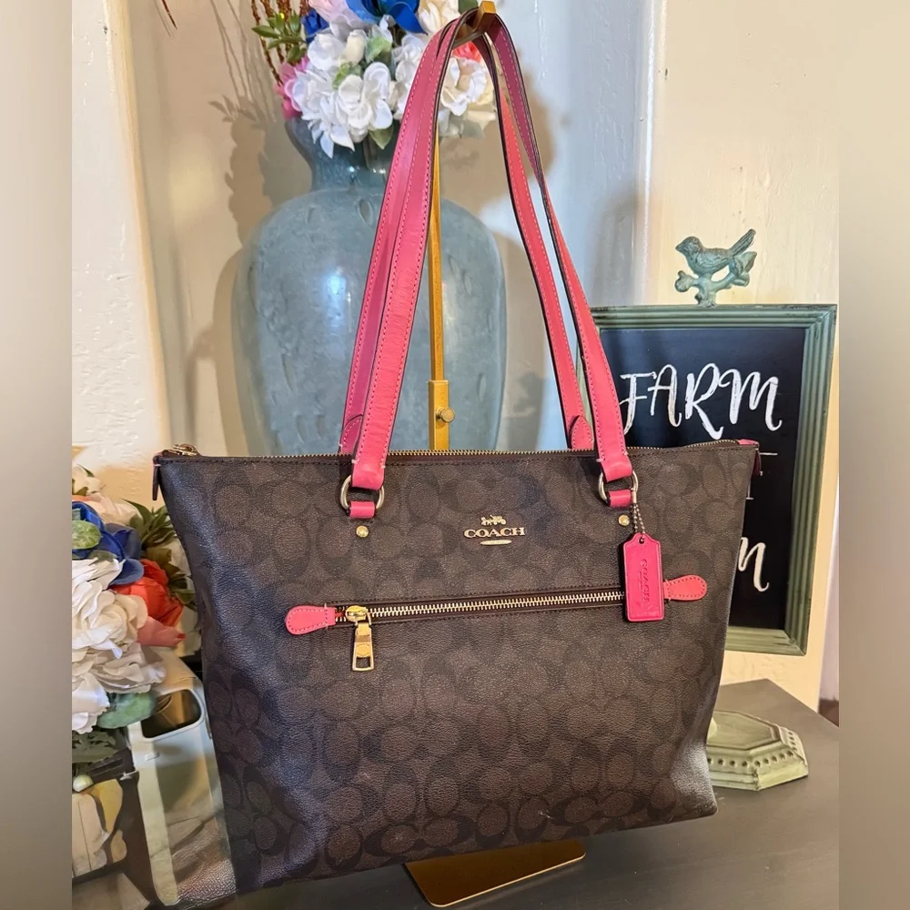 Coach Signature Brown Tote with Pink Trim